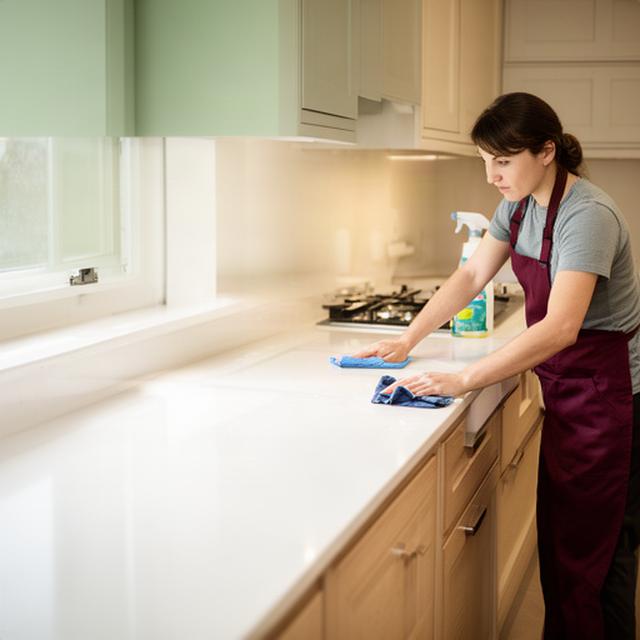 Cleaner wiping a bright kitchen benchtop during a move-out clean in Whyalla