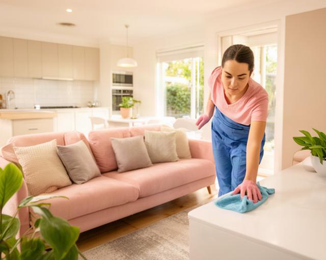 Cleaner wiping a bright Whyalla Norrie living room beside a tidy kitchen